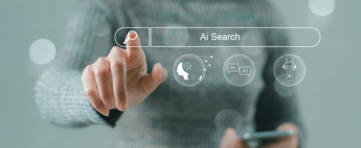 AI-powered search engine interface showing future search trends including voice search, visual search, analytics dashboards, and AI-generated answers.
